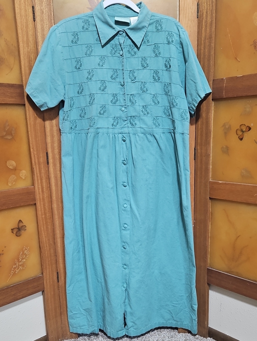 Vintage 90s Teal Embroidered Button Front House Dress Shirt Dress Collar